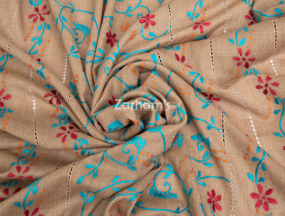 100% Handmade Pure Pashmina Woolen hand embroidered Shawl for women in Camel Brown Color