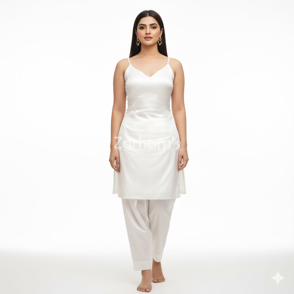 Handmade White Silk Kamiz Shalwar Suit