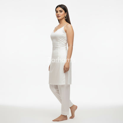 Handmade White Silk Kamiz Shalwar Suit