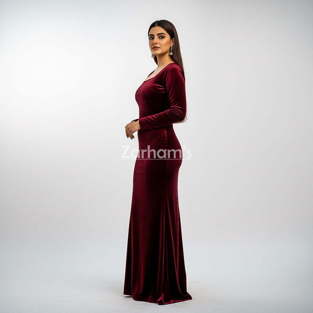 Handmade Maroon Velvet Long Dress | Premium Quality Velvet Formal and Party Dresses