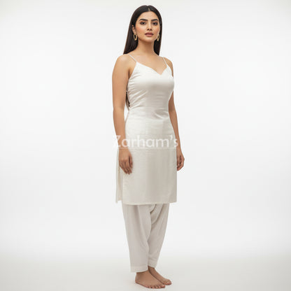 Handmade White Silk Kamiz Shalwar Suit
