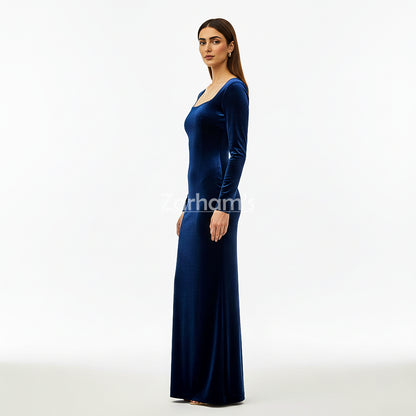 Midnight Blue Velvet Long Dress | Premium Quality Velvet Formal and Party Dresses