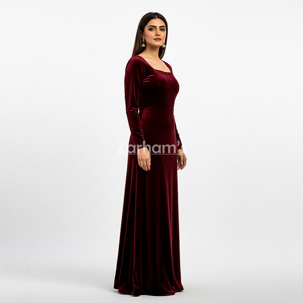 Handmade Maroon Velvet Long Dress | Premium Quality Velvet Formal and Party Dresses