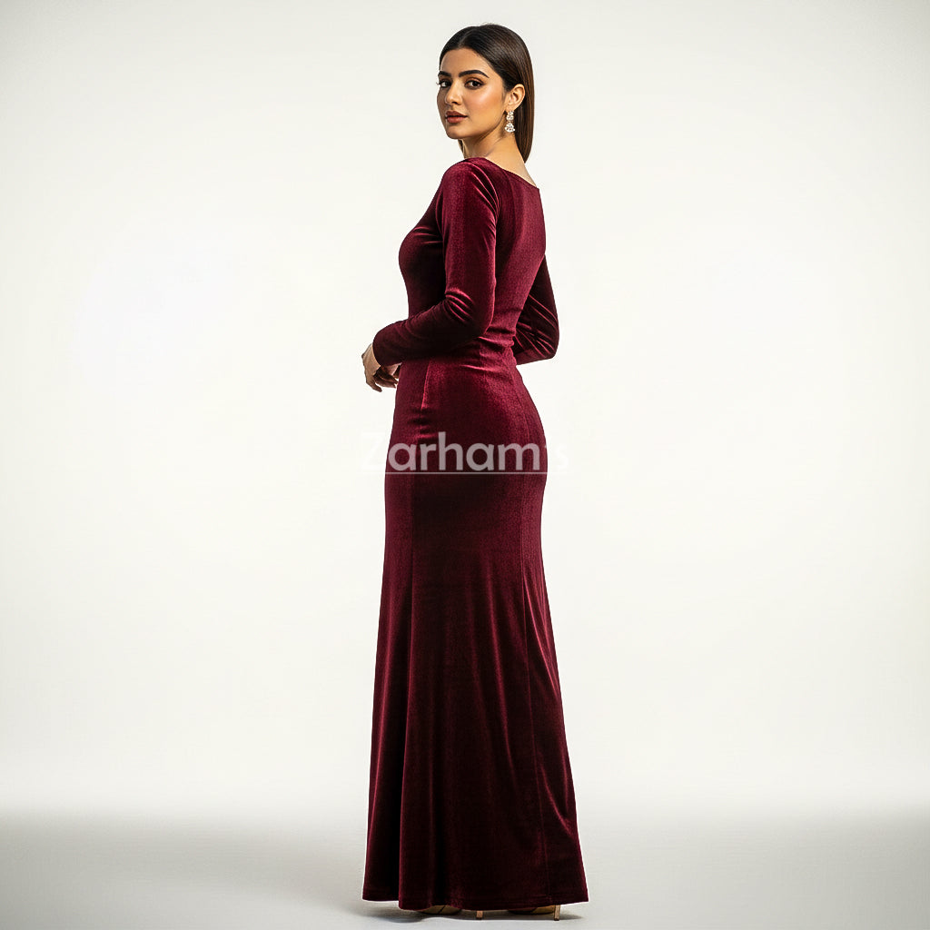 Handmade Maroon Velvet Long Dress | Premium Quality Velvet Formal and Party Dresses
