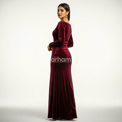 Handmade Maroon Velvet Long Dress | Premium Quality Velvet Formal and Party Dresses