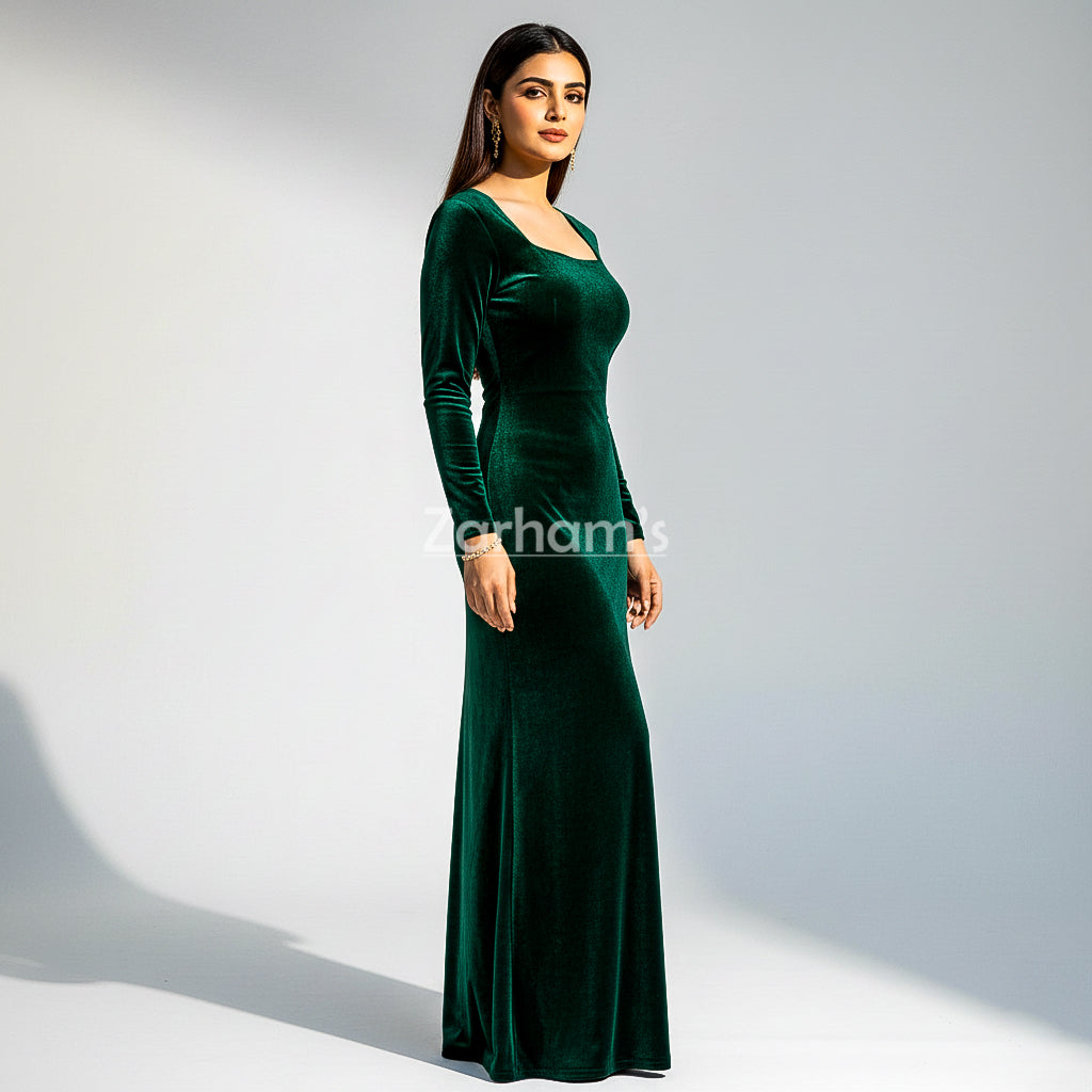 Handmade Emerald Green Velvet Long Dress | Premium Quality Velvet Formal and Party Dresses