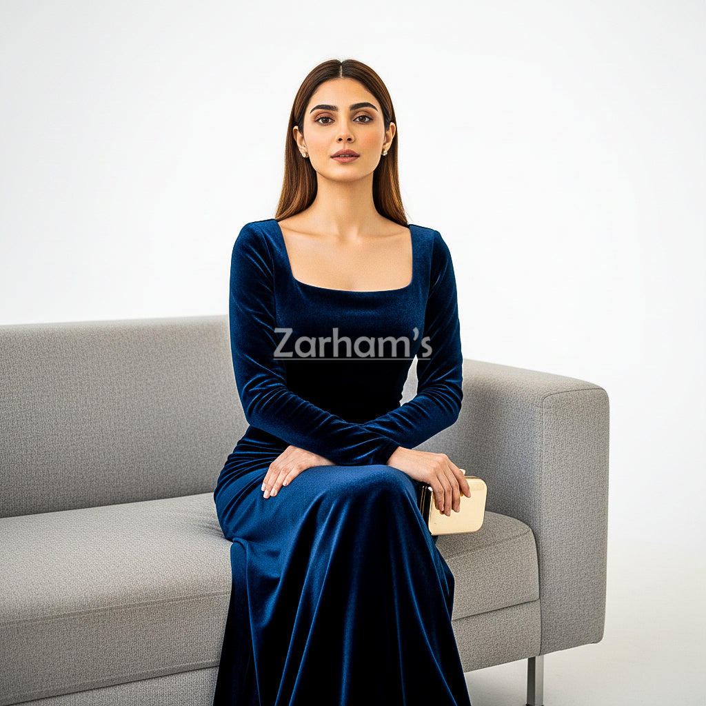 Midnight Blue Velvet Long Dress | Premium Quality Velvet Formal and Party Dresses