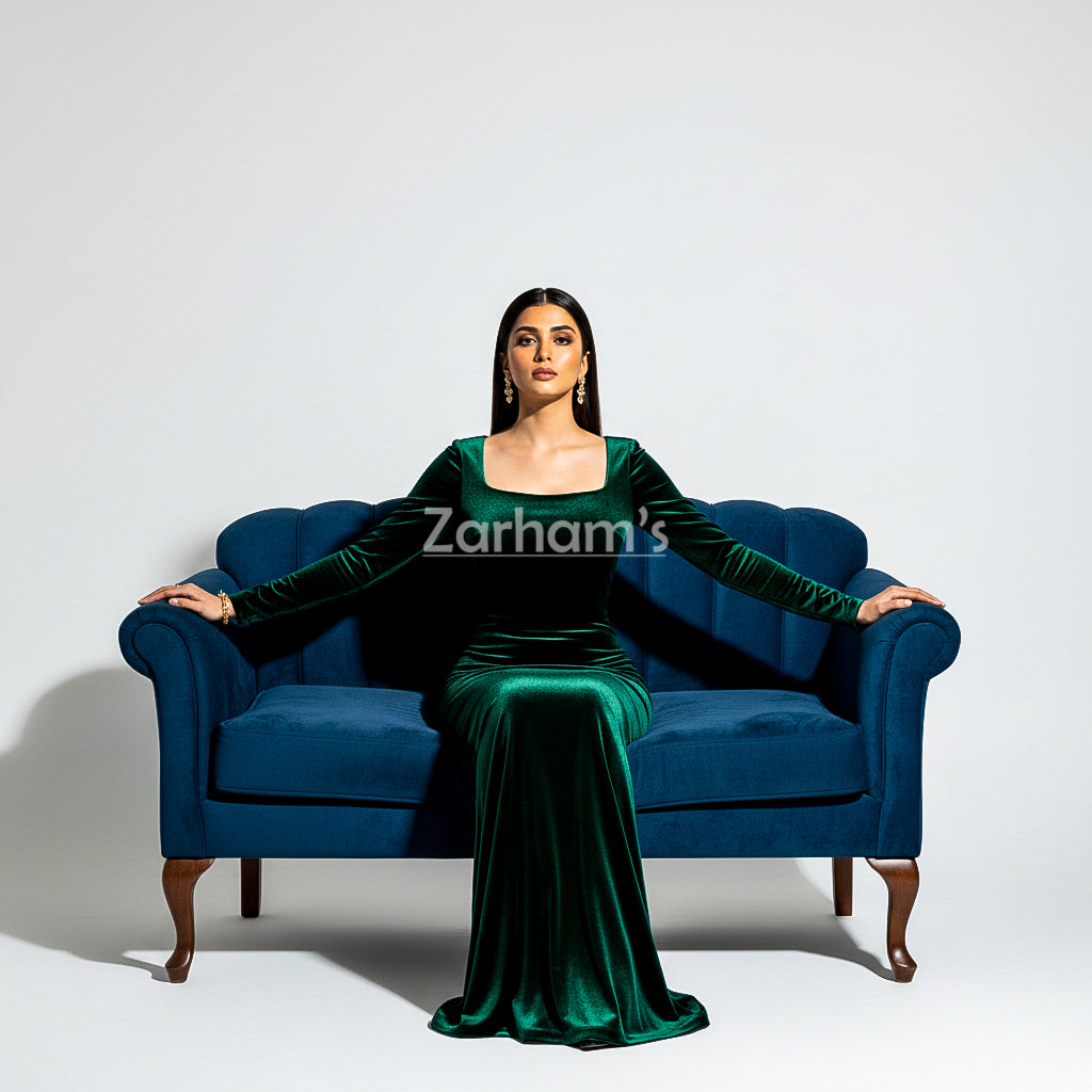 Handmade Emerald Green Velvet Long Dress | Premium Quality Velvet Formal and Party Dresses