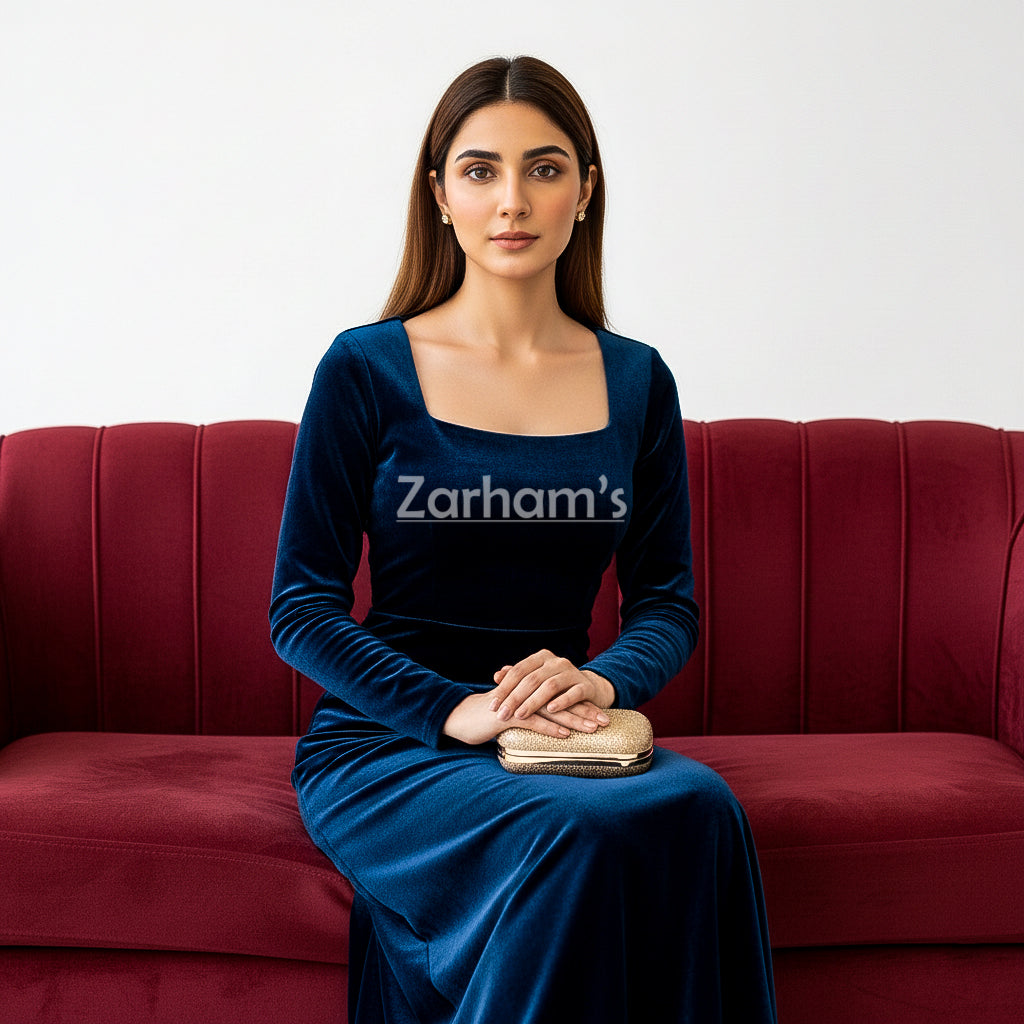 Midnight Blue Velvet Long Dress | Premium Quality Velvet Formal and Party Dresses