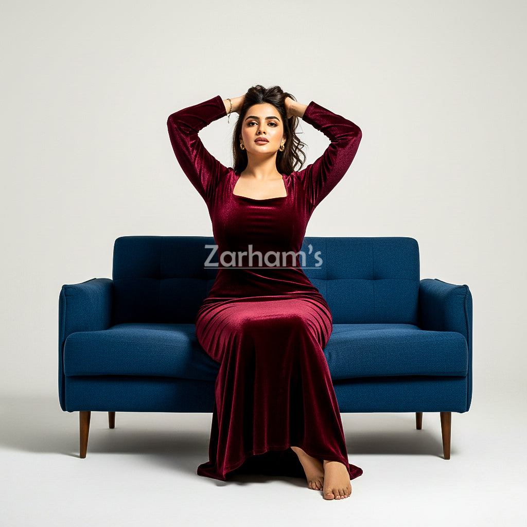 Handmade Maroon Velvet Long Dress | Premium Quality Velvet Formal and Party Dresses