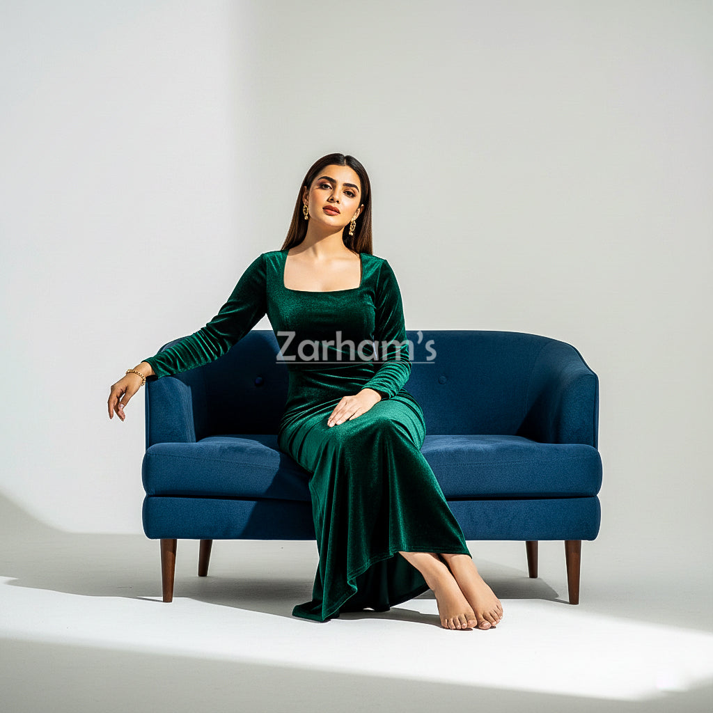 Handmade Emerald Green Velvet Long Dress | Premium Quality Velvet Formal and Party Dresses