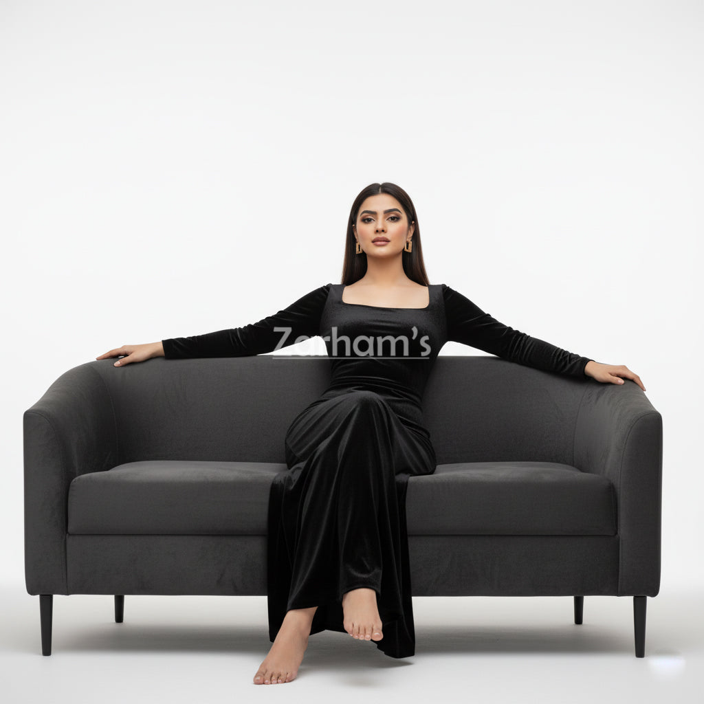 Handmade Midnight Black Velvet Long Dress | Premium Quality Velvet Formal and Party Dresses
