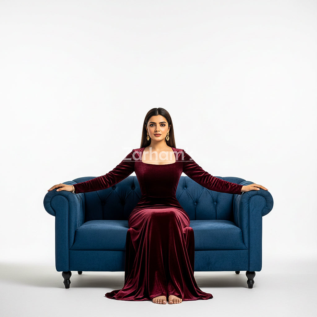 Handmade Maroon Velvet Long Dress | Premium Quality Velvet Formal and Party Dresses