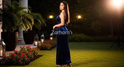 Handmade Midnight Blue Velvet Long Dress | Premium Quality Velvet Formal and Party Dresses