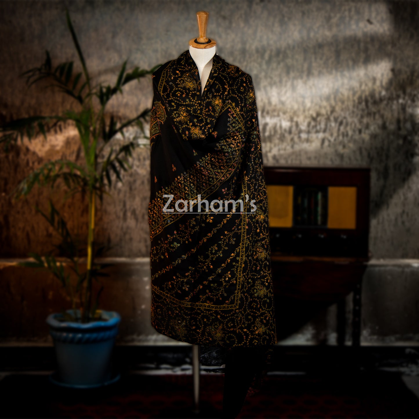 Handmade Cashmere Pashmina Black shawl hand printed and embroided