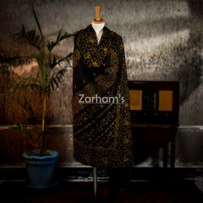 Handmade Cashmere Pashmina Black shawl hand printed and embroided