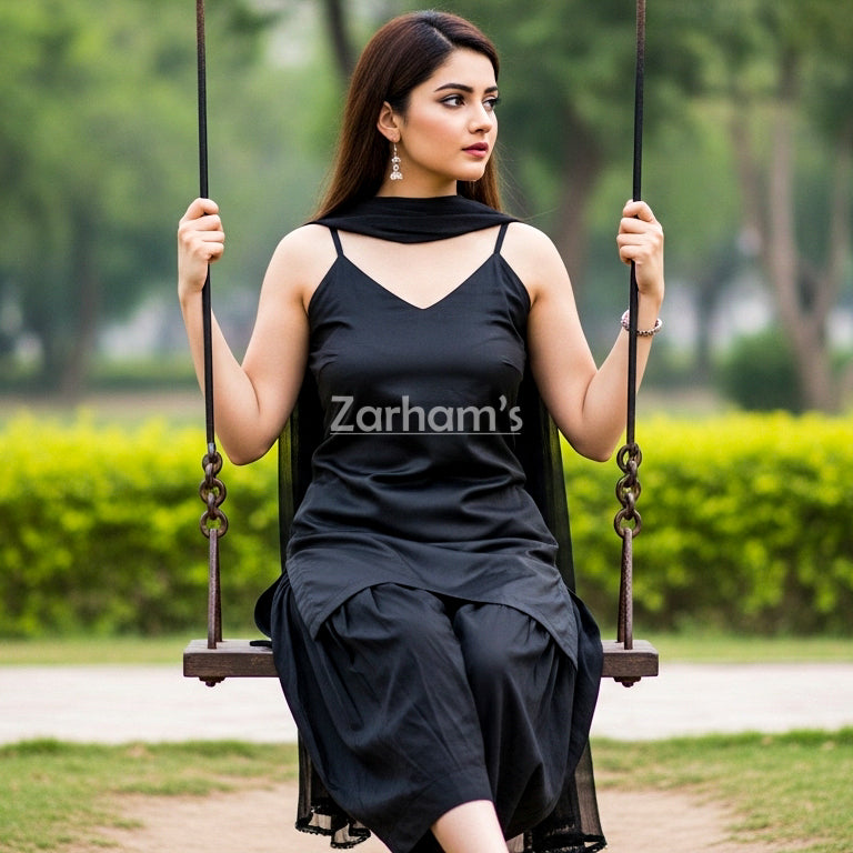 Handmade Black Colored Silk Kameez Shalwar Suit
