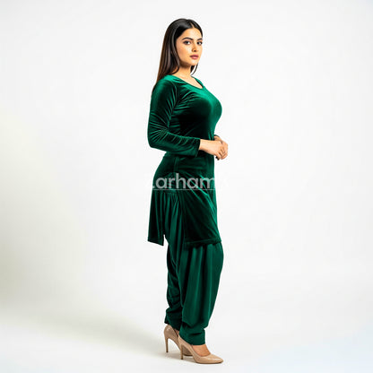 Handmade Velvet Dark Green Kameez Shalwar Suit | Premium Quality Velvet Formal and Party Dresses