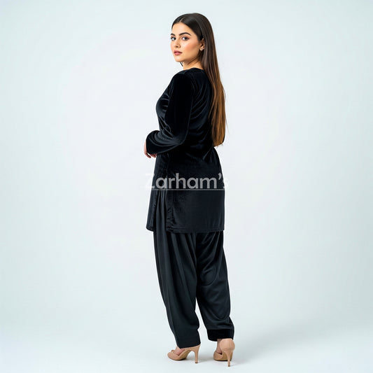 Handmade Velvet Black Kameez Shalwar Suit | Premium Quality Velvet Formal and Party Dresses