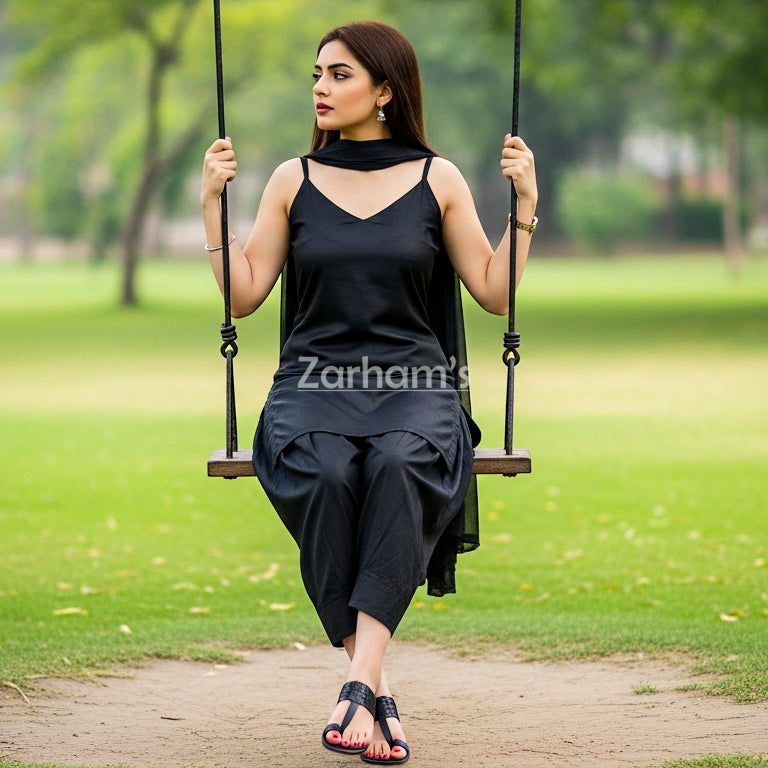 Handmade Black Colored Silk Kameez Shalwar Suit