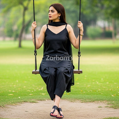 Handmade Black Colored Silk Kameez Shalwar Suit