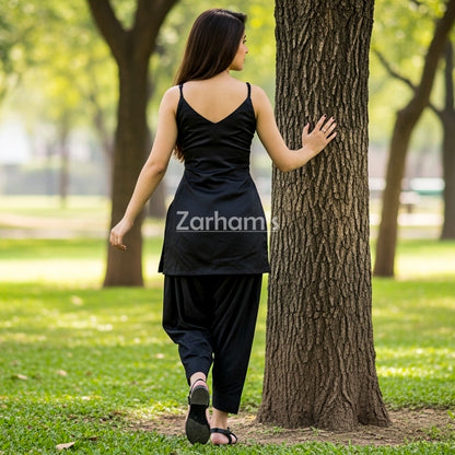 Handmade Black Colored Silk Kameez Shalwar Suit